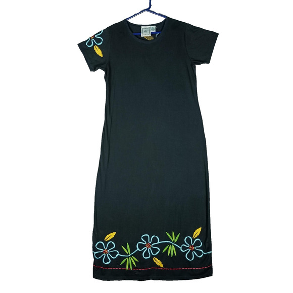 Michael Simon Lite Dress Womens Large Black Embroidered Floral Knit Maxi Boho - Picture 1 of 12